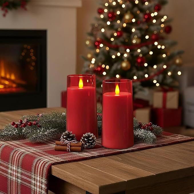 Raycare Flameless Electronic Pillar Candles with Remote Control and Timer- Battery Operated Realistic Flickering LED Fake Candle for Home, Wedding, Valentine's Day Decor, Red,Set of 2(3"x6"6")