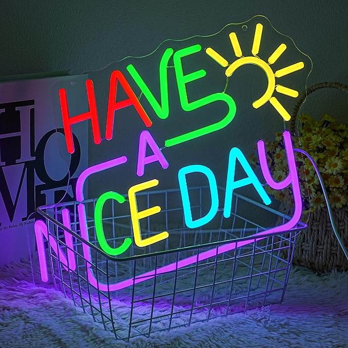 Happy A Nice Day Neon Sign for Wall Decor, Dimmable Colorful Letter Neon Lights, USB Powered Happy A Nice Day Led Light Up Sign for Bedroom, Room, Studio, and Office Wall Decor