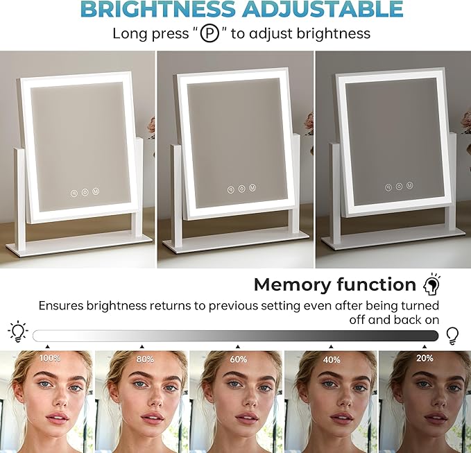 Vanity Mirror with Lights, 3-Color Dimmable & Adjustable Lighted Makeup Mirror with Smart Touch and 360° Rotation