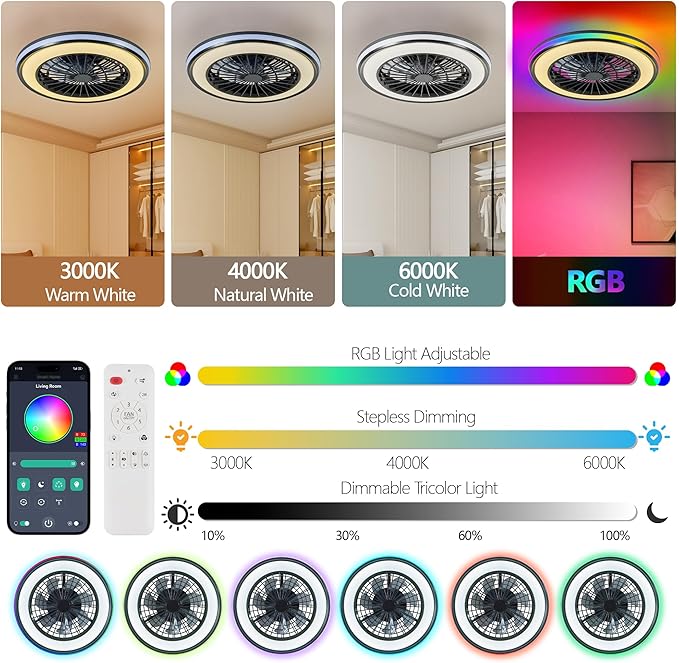 20" Modern LED Ceiling Fan Light, Smart Bladeless Ceiling Fans with Lights and Remote, RGB Bluetooth Fan Chandelier for Bedroom,Living Room, Office (20)