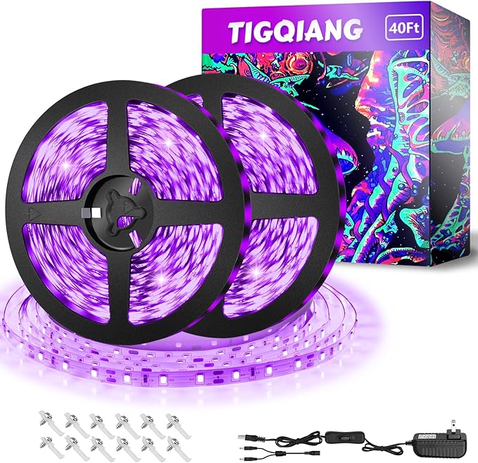 Black Light Strip, 40ft/12M Flexible LED Black Light with kit, 720 lamp Beads, 12V LED Light, Non-Waterproof for Indoor Fluorescent Dance Party, Stage, Birthday, Wedding, Dark Party