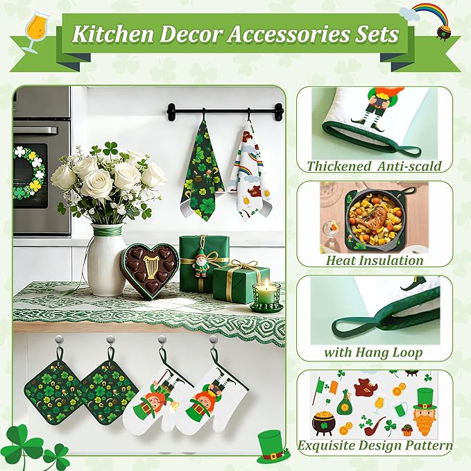 8 PCS St Green Kitchen Decor Sets Irish Leprechaun Shamrock Clover 4 Kitchen Dish Towels 2 Pot Holders 2 Oven Mitt Green Decoration Accessories for Cooking Baking Home Camp Spring