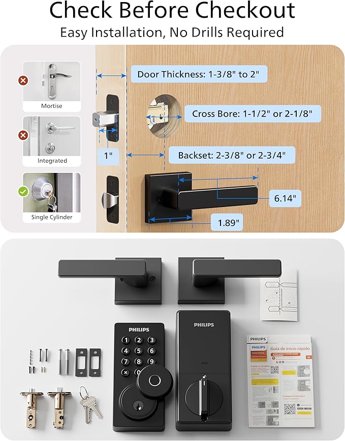Philips WiFi Keypad Door Lock with Handle, Built-in WiFi, APP Remote Control, Voice & Fingerprint Unlock, Smart Locks for Front Door with Auto Lock, Digital Front Door Lock Set, Keyless Entry Deadbolt