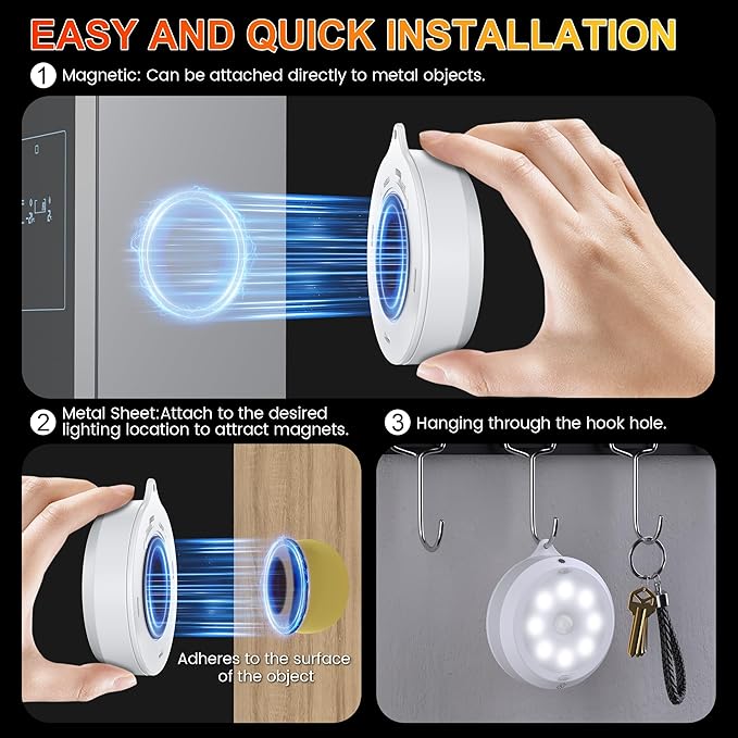 YiaMia Motion Sensor Night Light - 3 Pack, Smart Wireless Closet Lights, 3 Light Colors + Dimming, 3 × AA Battery Operated Indoor Stair Light Suitable for Kitchen, Wardrobe and Hallway