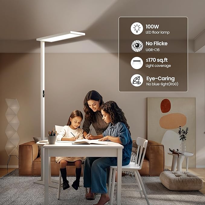80" LED Floor Lamp Modern, 7500LM Dimmable Eye-Care Tall Reading Light, 100W Full Spectrum Dual Light Source Standing Piano Lamp 4000K Bright Lighting for Office, Home - White