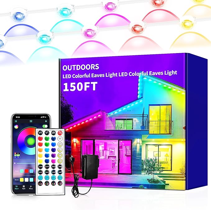 150ft permanent outdoor light, RGB outdoor eave lights with APP & Remote Control,Music synchronisation IP67 waterproof LED eave light,suitable for party, daily,Christmas,rooftop,garden,patio