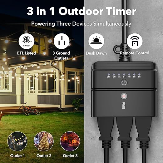 BN-LINK Outdoor Timer Outlet, Dusk-to-Dawn & Remote Control (100ft) - Waterproof 3-Grounded Outlets, 15A ETL Listed for Outdoor String Lights & Appliances