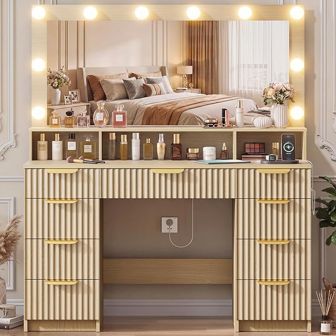 Fluted Vanity Desk with Large Lighted Mirror, Makeup Vanity Desk with Power Outlet, 9 Drawers & Storage Shelf, Women Girls Vanity Dressing Table for Bedroom, Oak