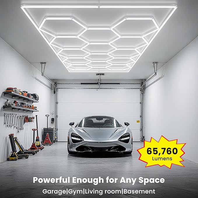 Hexagon LED Lights, Dimmable Hexagon Garage Lights, 3 Color Temperature 6500K/4500K/3000K, Hex Light with WiFi Smart Switch, Aluminum LED Lighting for Garage Gym Barber Auto Detailing Shop Car Dealer