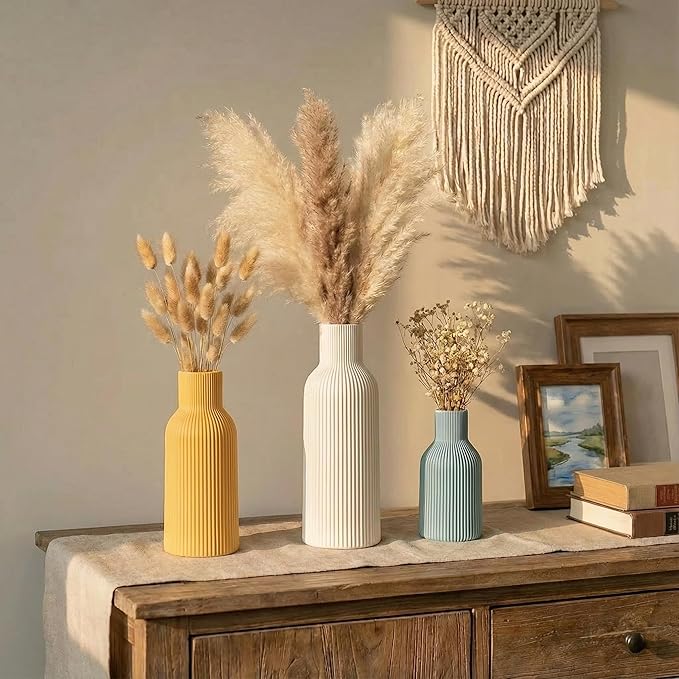 Colorful Ceramic Vases Set of 3 (White, Yellow, Blue) - Modern Matte Ribbed Color-Block Vases for Dried Flowers - Scandi Boho Decor Centerpieces for Living Room & Shelf