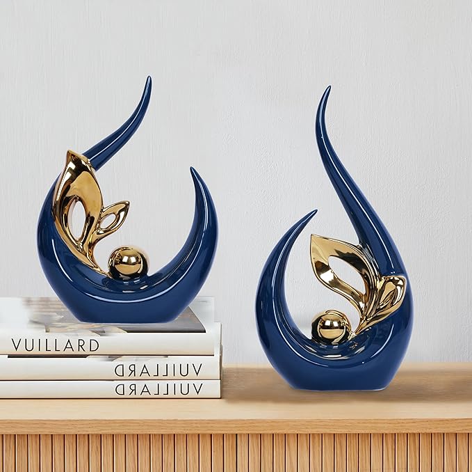 2 PCS Navy Blue Gold Home Decor Accent Ceramic Statue Abstract Sculpture Centerpieces Mid Century Modern Decor for Tables Coffee Table top Decorations for Living Room Desktop Shelf Dining Room Kitchen