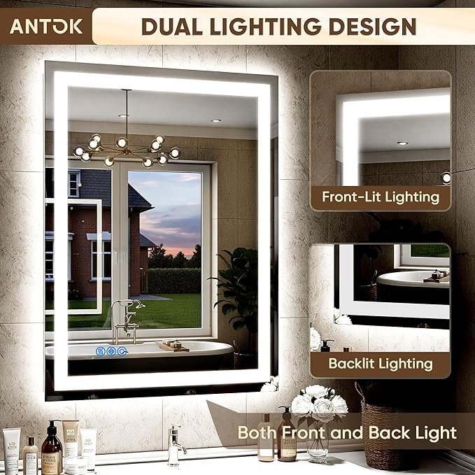 Antok 30"x 40" LED Bathroom Mirror with Lights, Anti-Fog, Dimmable, Lighted Vanity Mirror with Tempered Glass, Memory Function, 3 Light Modes, Safe Use, Horizontal, Vertical, Wall Mount, Wall Mount