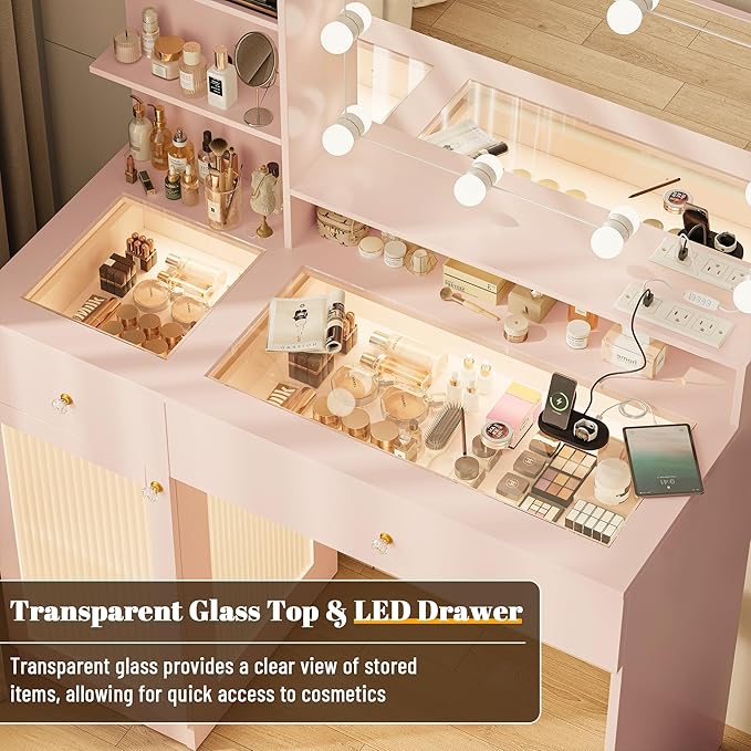 40" Vanity Desk with Large Mirror and Lights, Modern Glass Top Makeup Vanity Set with Power Outlet,Pink