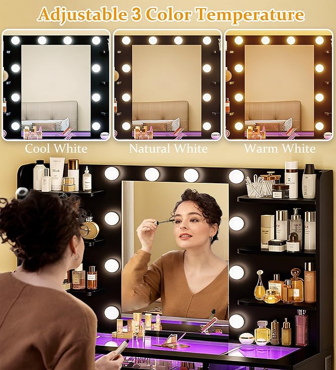 Vanity Desk, Makeup Vanity Desk with Mirror and Lights 3 Colors, Transparent Top with 3 RGB Drawers, 6 Shelves, 2 Large Tempered Cabinets, Power Outlet, for Bedroom, Black