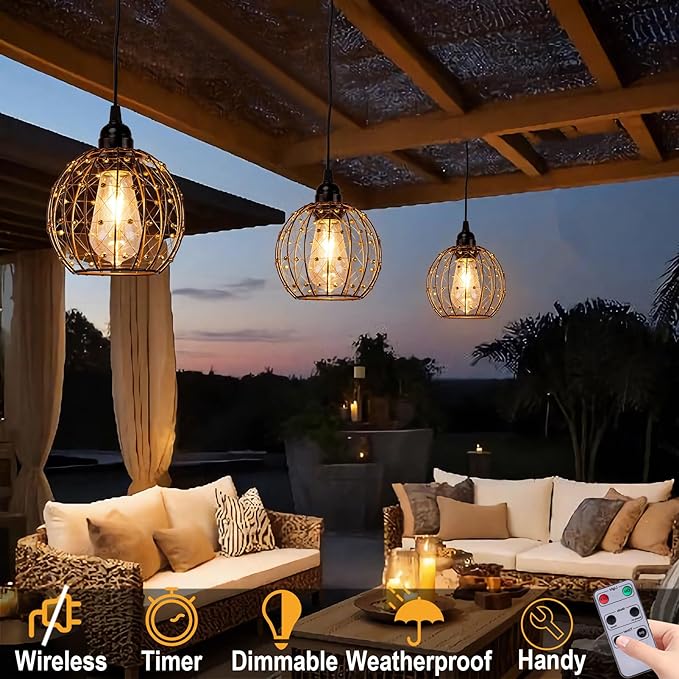 Hanging Pendant Lights, Battery Operated Outdoor Chandelier with Warm White LED Bulb for Patio Tree Pergola Gazebo Porch (Beaded Ball-ST58-3PK)