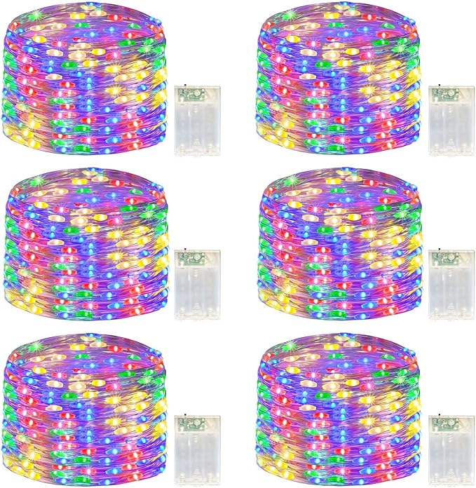 LitHome 6 Pack Multicolor Fairy Lights Battery Operated, 20 FT 60 LED Twinkle Lights Battery Operated 2 Modes, Waterproof Led Fairy String Light for Indoor Outdoor Christmas Wedding Bedroom Decor