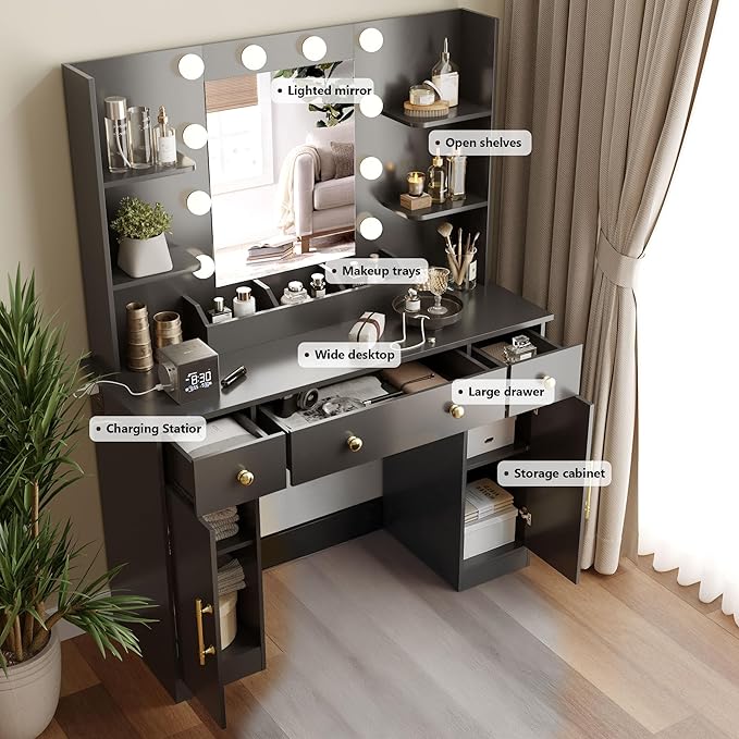 Makeup Vanity Desk with Mirror and Lights, 43" Black Vanity Set with 3 Drawers, Power Outlet & Adjustable RGB LED Lights, Dressing Table with Storage Shelf for Women & Girls Bedroom