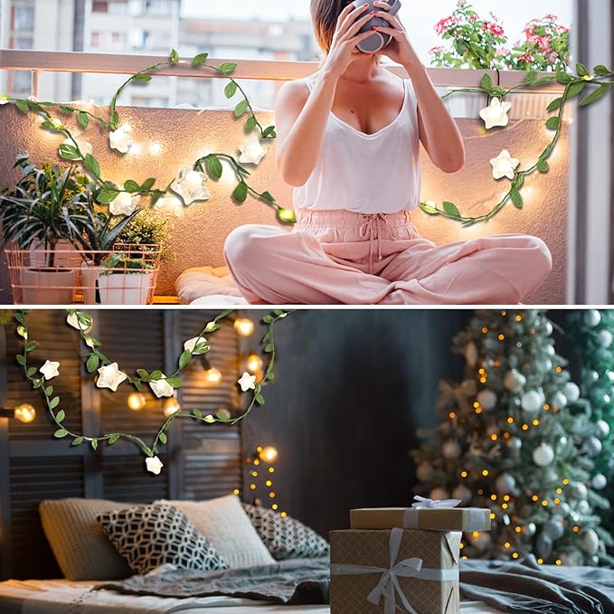 Vigdur 2 Packs Vine String Lights - Tiny Leaf Ivy String Lights with 48 Star Lights Battery Powered Waterproof Fairy Light Indoor Outdoor for Bedroom Party Garden Wall Décor St. Patrick's Day