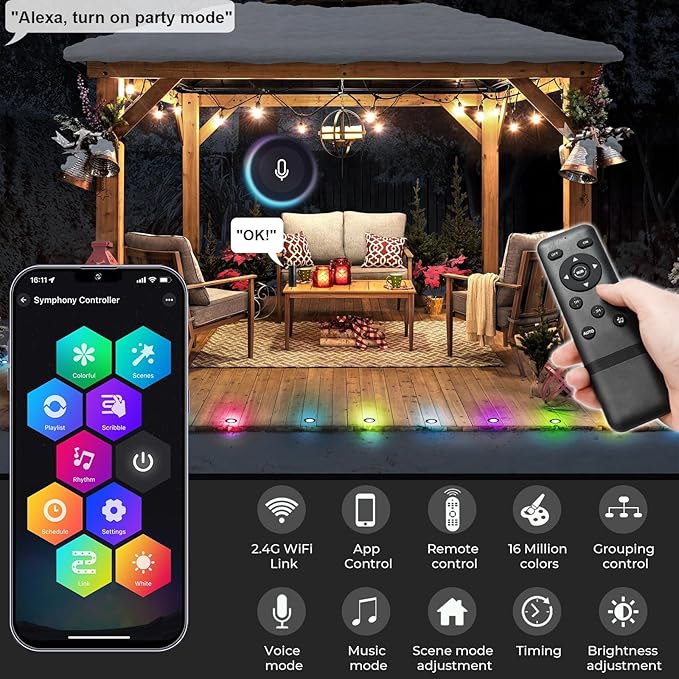 Sumaote Recessed Smart Deck Lights Kit, 10 Pack Ø 1.77" RGBW+IC Multicolor Dynamic Low Voltage Landscape Lights IP67 Waterproof Outdoor for Garden Yard Path Ground Stairs