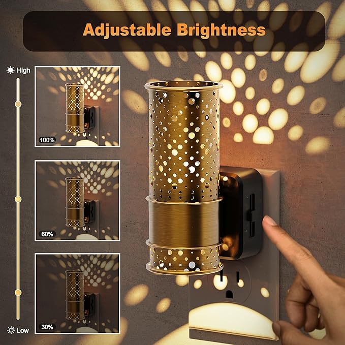 JandCase Night Lights Plug into Wall, Aesthetic Nightlight with Metal Shade, 3000K Warm White 0-100LM Adjustable Brightness, Dusk to Dawn Sensor Plug in Night Light for Bathroom Hallway Bedroom