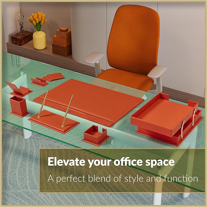 MOOGCO 12-Piece Leather Desk Set — Desk Pad 23.2" x 15.4", Double Document Tray, Pen Holder — Desk Organizer Set for Home Office & Executive Desk Accessories