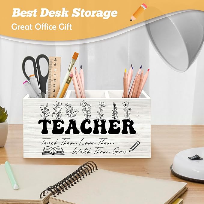 Teacher Pen Holder Organizer for Desk Accessories, Floral Themed Wooden Box Sign Desk Decorations for Office Classroom Tabletop, Graduation Teacher Appreciation Gifts for Women Men Teachers