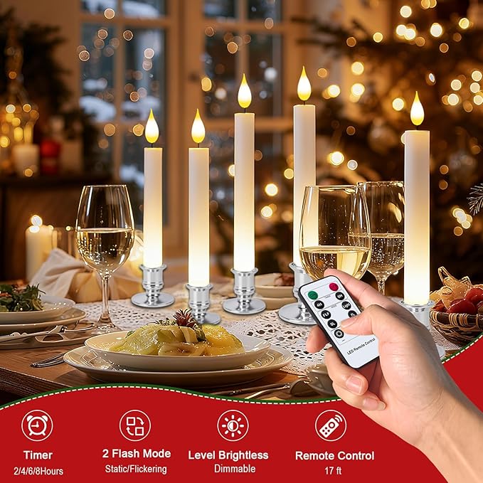 Pruk 10-Pack Flameless LED Candles w/Remote, Realistic Flickering Flame, Battery Operated Window Candles, Timer & Dimmer, Weighted Base, 10.8" Tall (Silver)