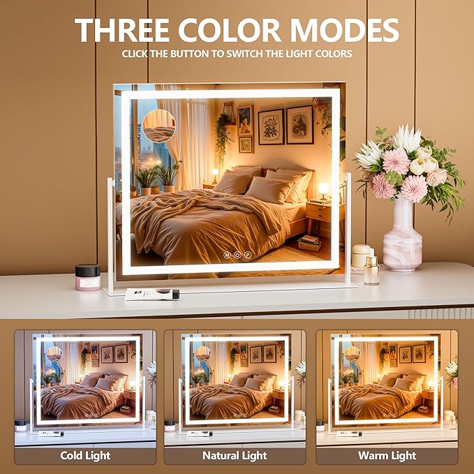 Vanity Mirror with Lights, 34'' x 26'' Lighted Makeup Mirror, Touch Screen with 3-Color Lighting, Dimmable for Vanity Desk Tabletop Square White