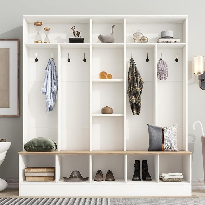 Merax 72'' H Hall Tree with Shoe Storage Bench, Modern Hall Tree with Storage Shelves & 8 Hooks, Coat Rack for Entryway, Mudroom, Hallway, Living Room,White