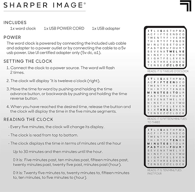 Sharper Image LED Word Digital Clock, 7.75", Black Finish, Light-Up Desk & Wall Clock, Modern Time Display, Shelf or Wall Decor for Home Office, Living Room, Kitchen & Bedroom, Housewarming Gift