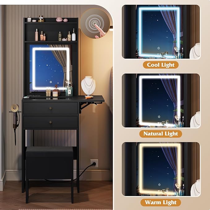 WLIVE Small Black Vanity Desk with Mirror and Lights, Compact Makeup Vanity Set with Fold-up Panel and Chair, Dressing Table with Charging Station for Small Space, Bedroom