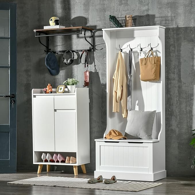 HOMCOM Hall Tree with Bench and Shoe Storage, 3-In-1 Entryway Bench with Coat Rack, 4 Hooks and Flip Top Storage Compartment, White