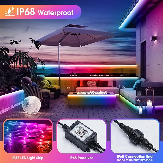 150Ft Outdoor LED Strip Lights,IP68 Waterproof Color Changing RGB LED Light Strips with IR Remote and APP,24V Music Sync Led Rope Lights,Flexible Outdoor DIY Tape Lights for Balcony Deck Garden-150ft