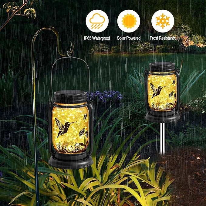 2 Pack Hummingbird Solar Outdoor Lanterns, Birthday Mothers Day Gifts for Women Mom Grandma, Vintage Glass Mason Jar Solar Fairy Lights, Waterproof Garden Lights for Patio Yard Lawn Tree