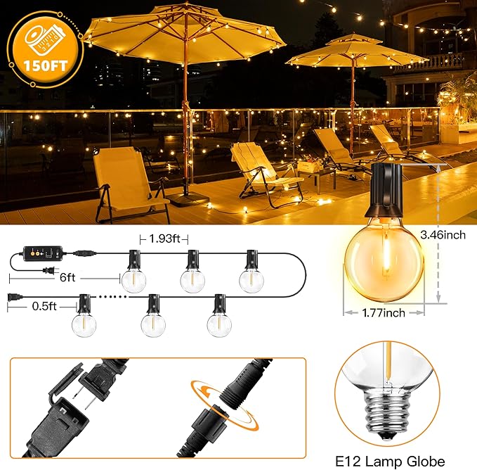 Outdoor String Lights 150FT with Remote Dimmer, G40 Globe LED Patio Lights with 75 Edison Plastic Bulbs(4 Spare), Waterproof Hanging Lights for Backyard Balcony Yard Deck Garden Party
