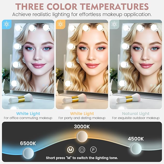 Kottova Vanity Mirror with Lights, LED Makeup Mirror, Lighted Makeup Mirror with 10X Zoom Mirror, Smart Touch 3 Colors Dimmable,360° Rotation,Suitable for Vanity Desk & Tabletop, White(19.6"x15.7")