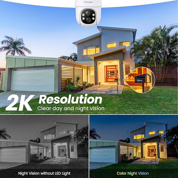 Cinnado 2K Cameras for Home Security-2.4G WiFi Outdoor Camera Wireless Solar/Battery Powered, 360° Viewing, Human Detection, Color Night Vision, Cloud/SD Storage B6 (B6-White-4pack-2.4G)