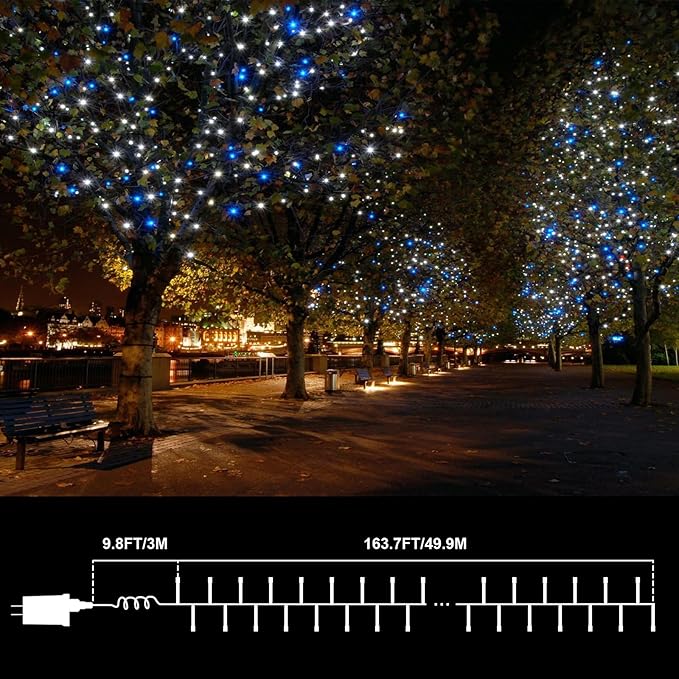 LAMPHOME 165FT 500 LED Blue White String Lights, 16 Modes Plug in Mini Fairy Lights, Waterproof Outdoor Christmas Lights for Hanukkah Xmas Tree Garland Bedroom Ocean Party July 4th Patriotic Decor