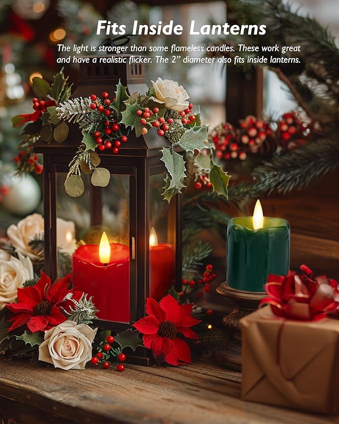Homemory 2" x 2" Green & Red Timer Flickering Flameless Candles, 400+ Hour Battery Operated Votive Candles, 6Pack 3D Wick Electric Fake Candles for Party, Christmas, Halloween and Festival Celebration
