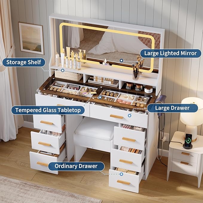 IDEALHOUSE Vanity Desk with Mirror and Lights, Makeup Table with Glass Top & 8 Drawers, 3-Color LED Mirror, Power Outlets & USB, Hair Dryer Holder, Stool Included, Dressing Table Set for Bedroom