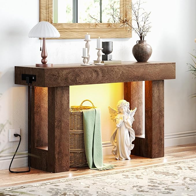 Unikito 47" Entryway Table with Socket and Sensor Light, Narrow Console Table with Storage Behind Couch, Farmhouse Entry Way Tables with Open Storage for Entrance/Hallway/Living Room Rustic Oak