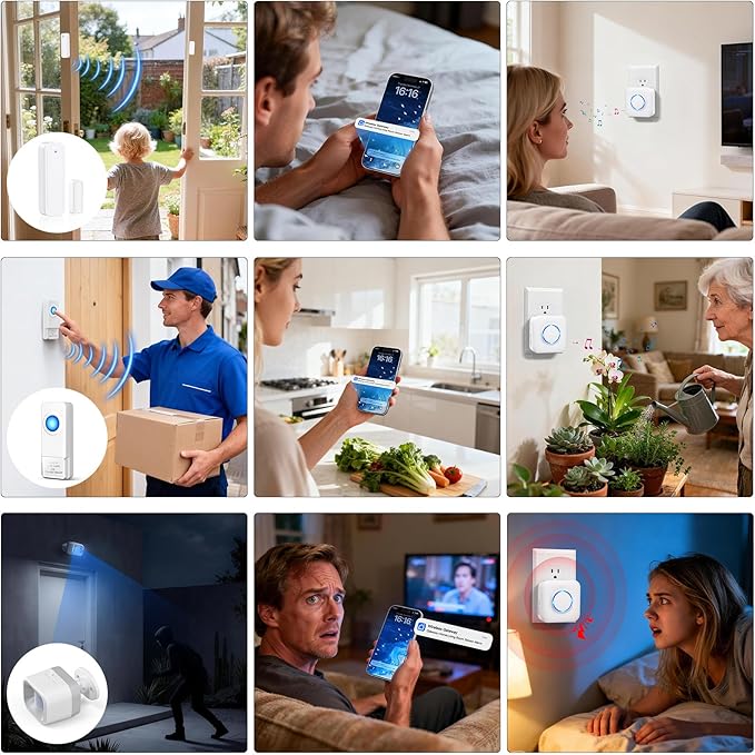 WiFi Motion Sensor, Smart Motion Detector Kit with Phone App Alerts, Includes Gateway Hub, PIR Motion Sensor, Doorbell Button, Door Sensor, DIY Burglar Alarm for Home Business Apartment (Only 2.4GHz)