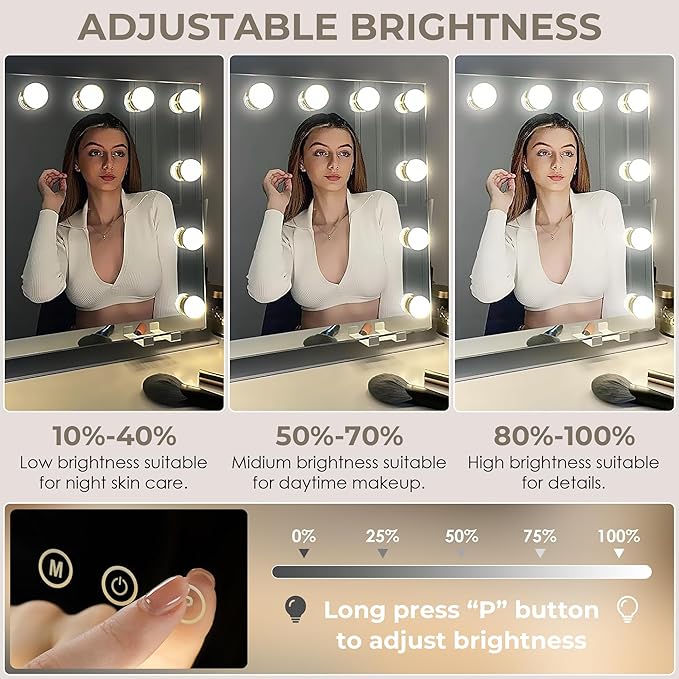 Vanity Mirror with Lights, Hollywood Lighted Makeup Mirror with 12 Dimmable LED Bulbs for Dressing Room & Bedroom, 3 Light Modes，Slim Metal Frame Design, AC-Powered, White
