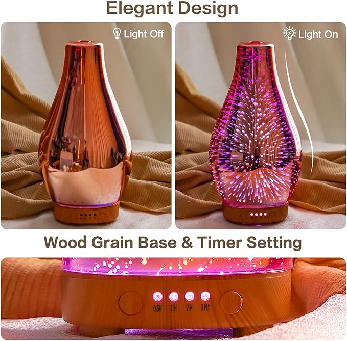 Porseme Essential Oil Diffuser, Aroma Ultrasonic Humidifier with Rose Gold Handmade Glass, BPA Free, 7 Color Changing Night Light, Waterless Auto-Off, Timer Setting (Rose Gold Volcano)