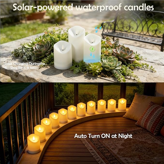 Solar Outdoor Waterproof Flameless Candles - 3 Pack Solar & Battery Operated LED Candles, White (D3.25" x 4"/5"/6" Assorted Heights) for Garden, Patio, Outdoor Decoration