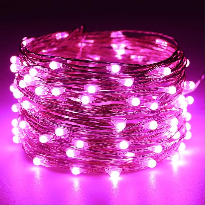 RUICHEN Silver Wire Fairy Lights Plug in 33 Ft 100 LED String with Spool, Pink