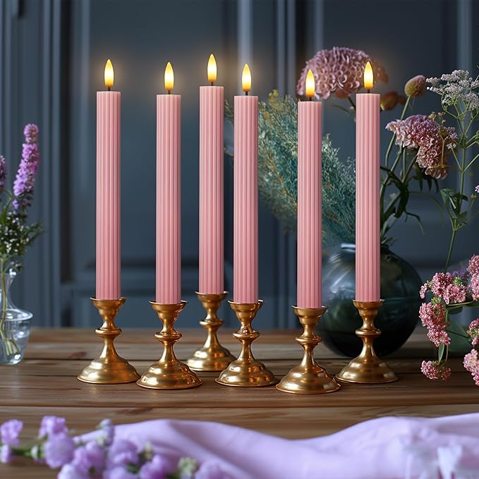 WYZworks 10" Fluted Ribbed LED Dusty Rose Grooved Pillar Candles, Remote & 24h Timer Memory, On/Off Switch - Flameless Dimmable Battery Operated w/Flicker Mode, Home Wedding Decor (6 Pack)