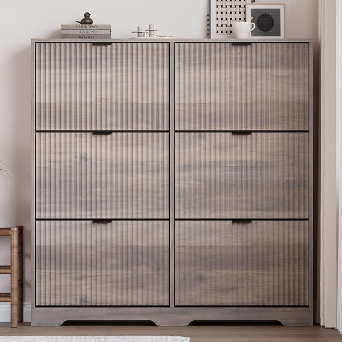 Large Shoe Cabinet for Entryway, Tall Narrow Shoe Storage Cabinet with 6 Flip Drawers and Adjustable Shelves, Shoe Rack Cabinet Organizer for Hallway, Foyer, Small Apartment