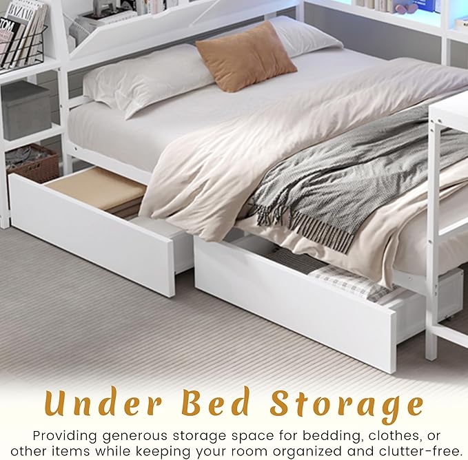 Queen Corner Bed Frame with Desk, LED Lights & Charging Ports, L-Shaped Daybed with Storage Drawers, Bookcase & Open Shelves, Modern Full Size Daybed for Kids, Teens & Compact Bedrooms,White