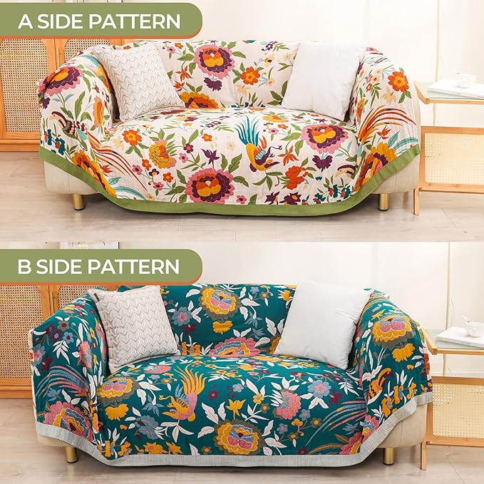 Boho Throw Blanket for Bed Couch 100% Cotton Ultra Soft Large Rustic Quilt t Queen Blanket,Bird Floral Printed Farmhouse Bed Blankets 80"×90", Decorative Reversible Muslin Bed Cover for All Seasons